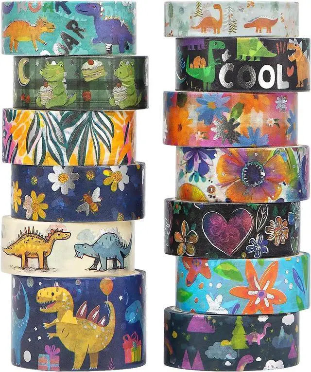Main image of NANYNNU Dinosaur Washi Tape Set, 13 Rolls Silver Foil Cute Washi Tapes, Kawaii Floral Decorative Masking Tape for Journaling Supplies, Scrapbooking, Bullet Journal, Planner Decoration, DIY Crafts