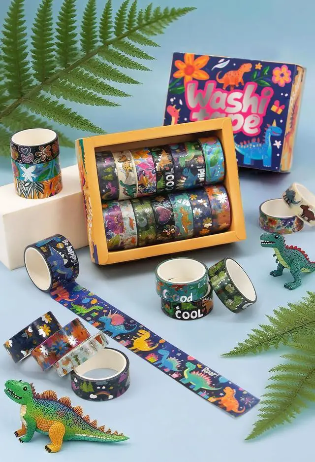 Alt view image 3 of 6 - NANYNNU Dinosaur Washi Tape Set, 13 Rolls Silver Foil Cute Washi Tapes, Kawaii Floral Decorative Masking Tape for Journaling Supplies, Scrapbooking, Bullet Journal, Planner Decoration, DIY Crafts