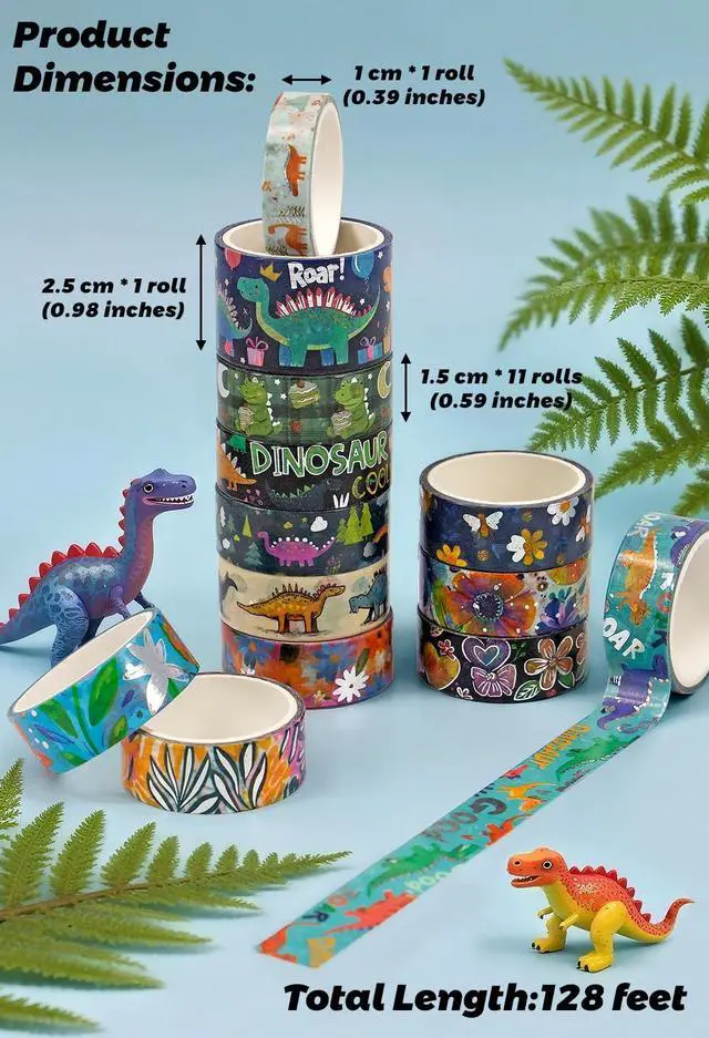 Alt view image 2 of 6 - NANYNNU Dinosaur Washi Tape Set, 13 Rolls Silver Foil Cute Washi Tapes, Kawaii Floral Decorative Masking Tape for Journaling Supplies, Scrapbooking, Bullet Journal, Planner Decoration, DIY Crafts