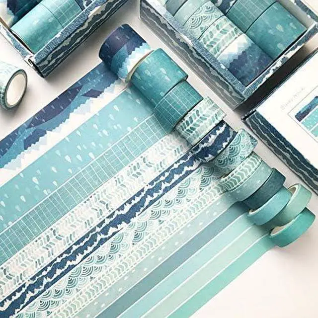 Main image of CooBigo Washi Tape Set, 12 Rolls 4 Size Decorative Masking Washi Tapes for Craft, Scrapbook, DIY, Planners, Gift Wrapping (Blue Track)
