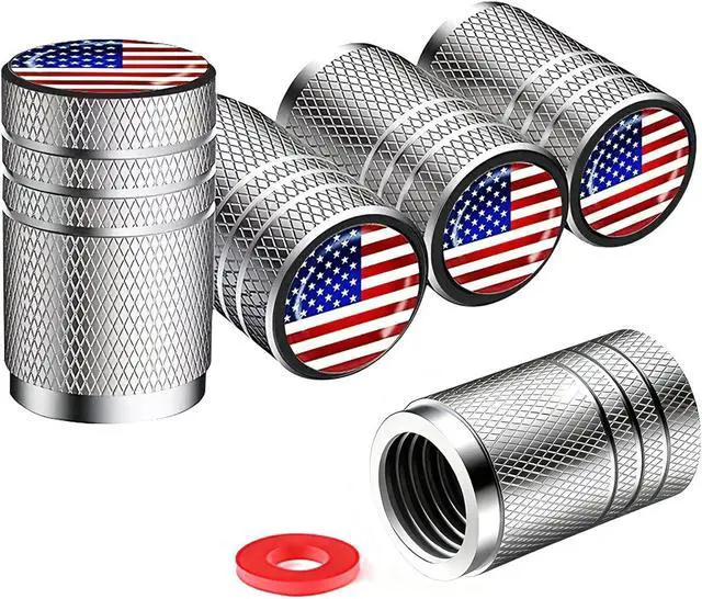 Main image of Tire Valve Stem Caps, 5 Pack, American Flag, Chrome | Aluminum Alloy Shell, Rubber O-Ring, Resin Dome; Universal Fit for Cars, Trucks, Motorcycles and Compatible Bikes