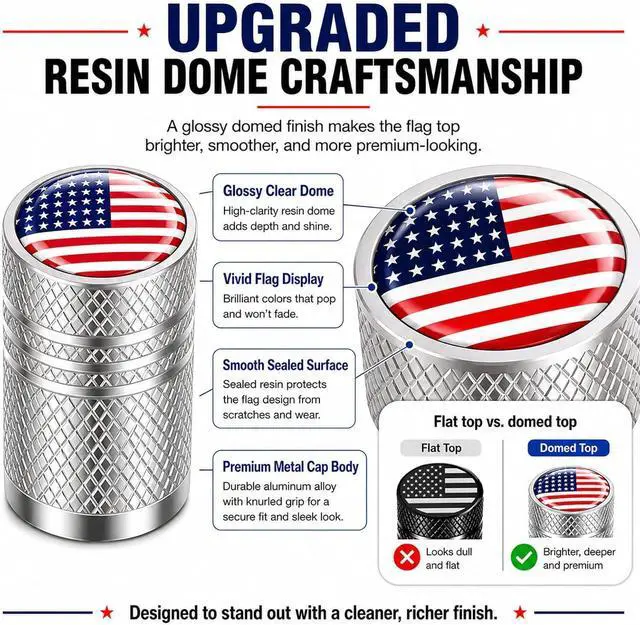 Alt view image 2 of 7 - Tire Valve Stem Caps, 5 Pack, American Flag, Chrome | Aluminum Alloy Shell, Rubber O-Ring, Resin Dome; Universal Fit for Cars, Trucks, Motorcycles and Compatible Bikes