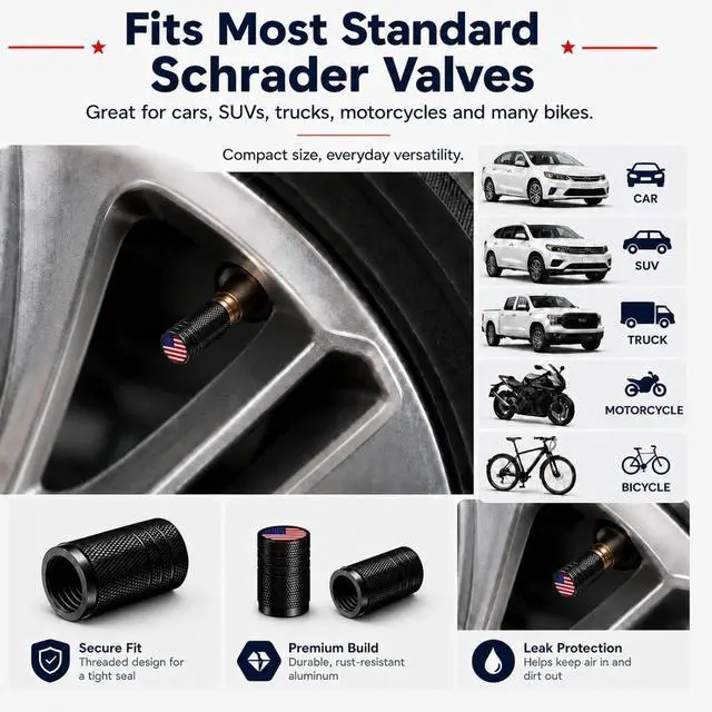 Alt view image 4 of 7 - Tire Valve Stem Caps, 5 Pack, American Flag, Chrome | Aluminum Alloy Shell, Rubber O-Ring, Resin Dome; Universal Fit for Cars, Trucks, Motorcycles and Compatible Bikes