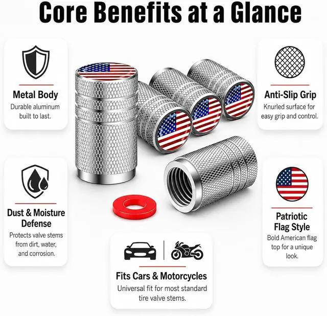 Alt view image 3 of 7 - Tire Valve Stem Caps, 5 Pack, American Flag, Chrome | Aluminum Alloy Shell, Rubber O-Ring, Resin Dome; Universal Fit for Cars, Trucks, Motorcycles and Compatible Bikes