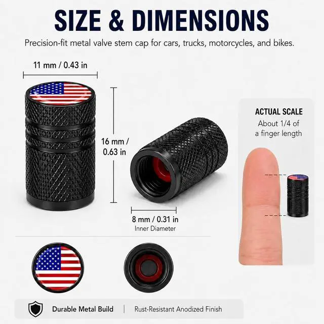 Alt view image 6 of 7 - Tire Valve Stem Caps, 5 Pack, American Flag, Chrome | Aluminum Alloy Shell, Rubber O-Ring, Resin Dome; Universal Fit for Cars, Trucks, Motorcycles and Compatible Bikes