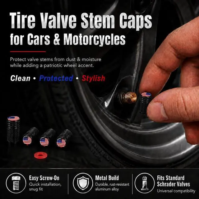 Alt view image 7 of 7 - Tire Valve Stem Caps, 5 Pack, American Flag, Chrome | Aluminum Alloy Shell, Rubber O-Ring, Resin Dome; Universal Fit for Cars, Trucks, Motorcycles and Compatible Bikes