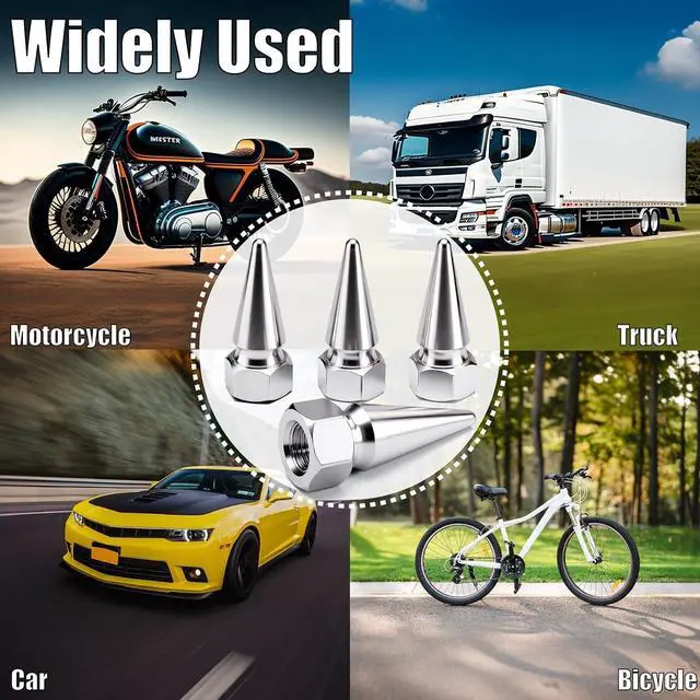 Alt view image 7 of 7 - 4PCS Spiked Shape Tire Valve Stem Caps, Aluminum Car Air Stem Cap, Universal Dustproof Tire Valve Stem Covers for Cars, SUV, Trucks, Bikes, Motorcycles, Bicycles(Silver)