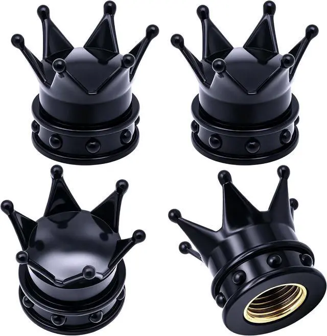 Main image of 4PCS Crown Tire Valve Stem Caps, with O Rubber Ring, Tire Air Valve Cap Plastic with Brass Core, Universal Cars, SUV, Trucks, Bikes, Motorcycles, Bicycles (Black)