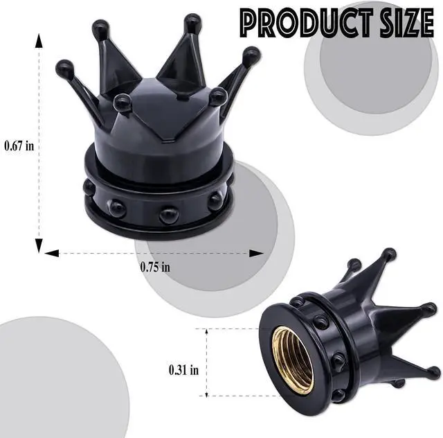 Alt view image 2 of 7 - 4PCS Crown Tire Valve Stem Caps, with O Rubber Ring, Tire Air Valve Cap Plastic with Brass Core, Universal Cars, SUV, Trucks, Bikes, Motorcycles, Bicycles (Black)