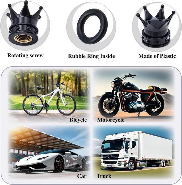 Alt view image 6 of 7 - 4PCS Crown Tire Valve Stem Caps, with O Rubber Ring, Tire Air Valve Cap Plastic with Brass Core, Universal Cars, SUV, Trucks, Bikes, Motorcycles, Bicycles (Black)