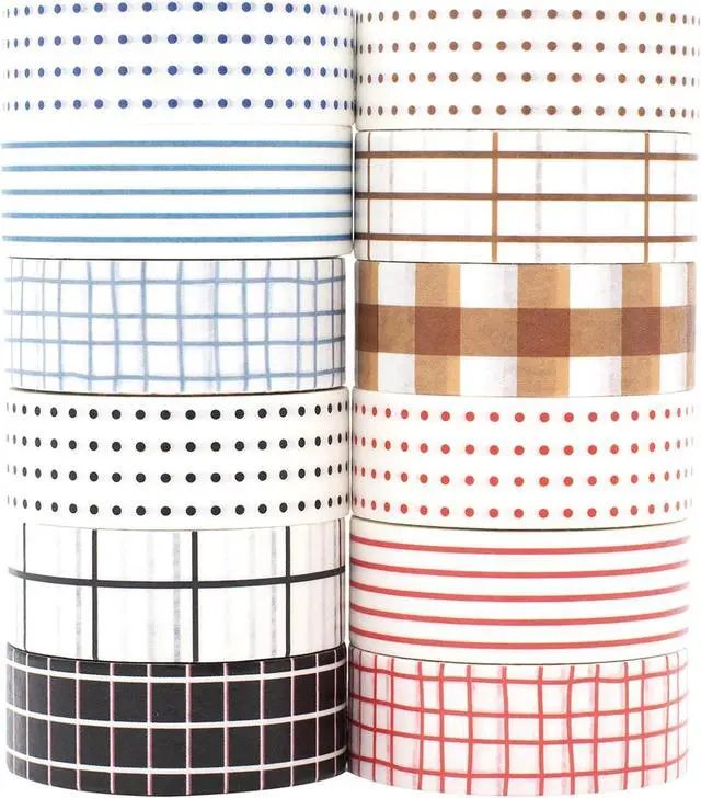 Main image of Basic Washi Tape Set 12 Rolls Dot & Grid Decorative Tapes for Journals, Planners, Scrapbooking, Gift Wrapping, DIY Crafts