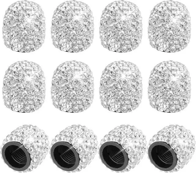 Main image of 12 Pcs Crystal Rhinestone Tire Valve Stem Caps, White | Dustproof bling caps designed for SUVs, bicycles, trucks, and motorcycles.