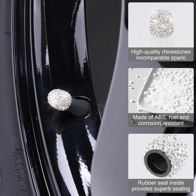 Alt view image 3 of 7 - 12 Pcs Crystal Rhinestone Tire Valve Stem Caps, White | Dustproof bling caps designed for SUVs, bicycles, trucks, and motorcycles.