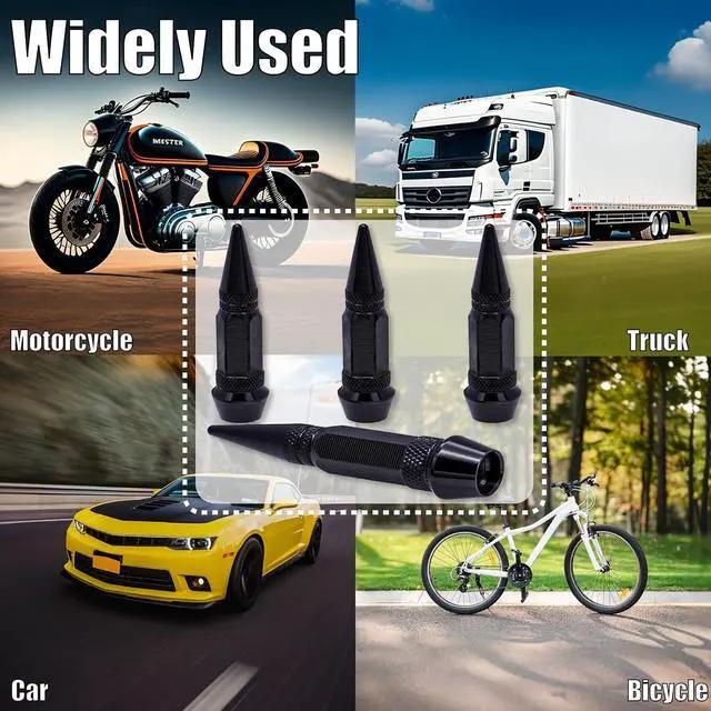 Alt view image 6 of 6 - 4PCS Spiked Style Tire Valve Stem Caps, Universal Aluminium Alloy Dustproof Tire Valve Stem Covers for Cars, SUV, Trucks, Bikes, Motorcycles, Bicycles(60MM & Black)