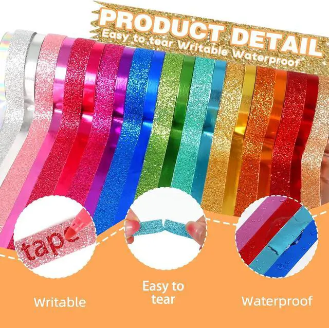 Alt view image 3 of 7 - Metallic Glitter Washi Tape - 24 Rolls Thin Colored Masking Tape Set, 6mm/10mm Decorative Tapes for Bullet Journal, Scrapbook, Christmas DIY Crafts, Gift Packaging