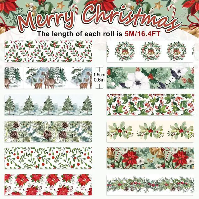 Alt view image 2 of 7 - Whaline 12 Rolls Christmas Floral Washi Tape Xmas Watercolor Berry Holly Leaves Pine Cones Elk Bell Plants Masking Tape Winter Holiday Decorative Tape for Scrapbook Journal DIY Craft Gift Wrapping