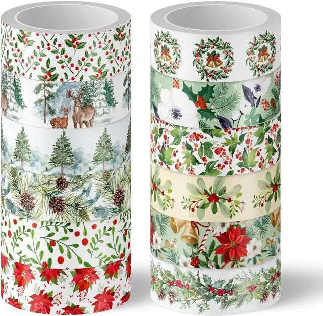 Main image of Whaline 12 Rolls Christmas Floral Washi Tape Xmas Watercolor Berry Holly Leaves Pine Cones Elk Bell Plants Masking Tape Winter Holiday Decorative Tape for Scrapbook Journal DIY Craft Gift Wrapping