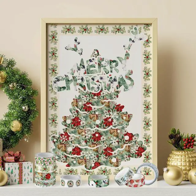 Alt view image 6 of 7 - Whaline 12 Rolls Christmas Floral Washi Tape Xmas Watercolor Berry Holly Leaves Pine Cones Elk Bell Plants Masking Tape Winter Holiday Decorative Tape for Scrapbook Journal DIY Craft Gift Wrapping