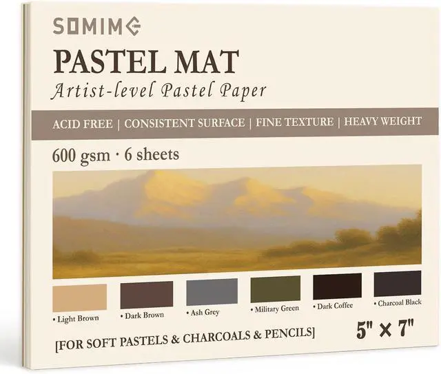 Main image of Somime 5x7 Sanded Pastel Paper Pad, 600gsm 6 Sheets of 6 Assorted Colors | Heavyweight Artist Drawing Paper Pad for Pencils and Soft Oil Charcoal Pastels