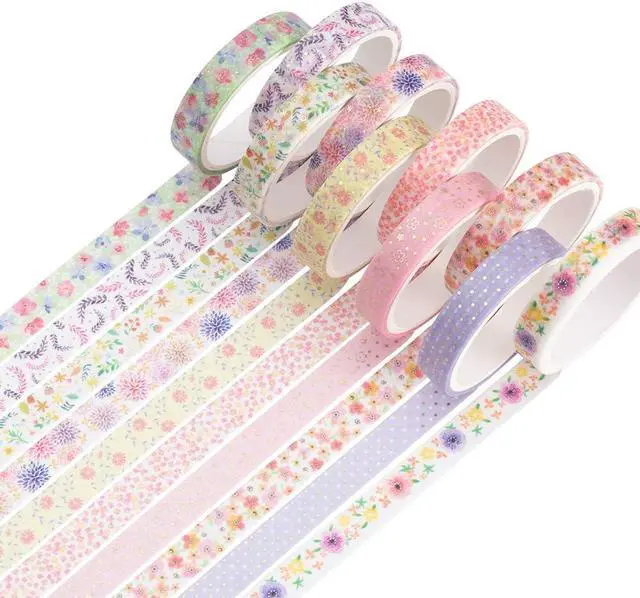 Main image of YUBBAEX 10 Rolls Sparkling Washi Tape Set 8mm Skinny Gold Foil Decorative Masking Washi Tapes for Journal,Scrapbook, Planner, DIY Crafts (Beautiful Flowers)