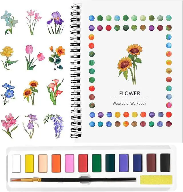 Main image of Watercolor Workbook for Beginners, Water Color Paint Book Set with Paints & Brush, 12 Beautiful Flower Patterns of Original DIY Designs, Relaxing & Creative & Joy Adult Coloring Books
