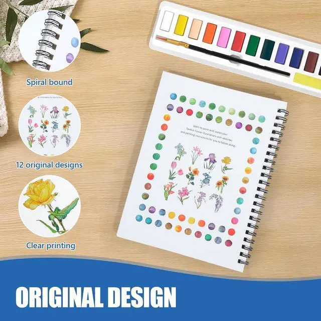 Alt view image 4 of 5 - Watercolor Workbook for Beginners, Water Color Paint Book Set with Paints & Brush, 12 Beautiful Flower Patterns of Original DIY Designs, Relaxing & Creative & Joy Adult Coloring Books