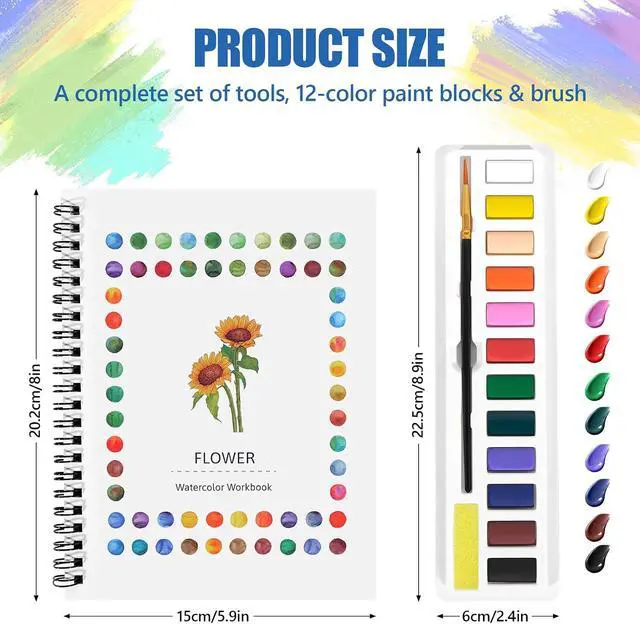 Alt view image 2 of 5 - Watercolor Workbook for Beginners, Water Color Paint Book Set with Paints & Brush, 12 Beautiful Flower Patterns of Original DIY Designs, Relaxing & Creative & Joy Adult Coloring Books