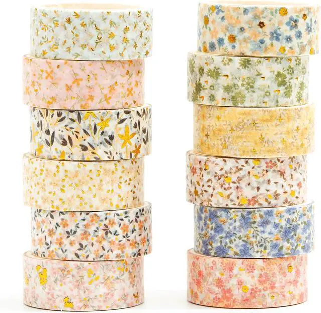Main image of 12 Rolls Charming Washi Tape Set Gold Silver Foil Detailing Arts Adhesive Tapes Basic Patterns Decorative Masking Tape Sets for Craft, Kids, Scrapbook, DIY, Gift Wrapping (Spring Bloom)