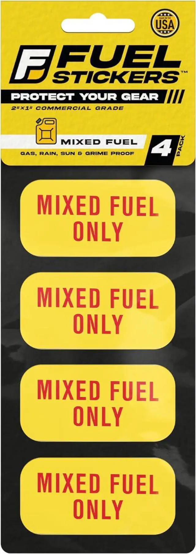 Main image of Mixed Fuel Only Sticker, 2 Cycle Labels for Outdoor Fuel Power Equipment - Weather Proof, Extreme Stick, Commercial Grade Labelss by Fuel Stickers - USA Made (2x1 inch), 4 Labels