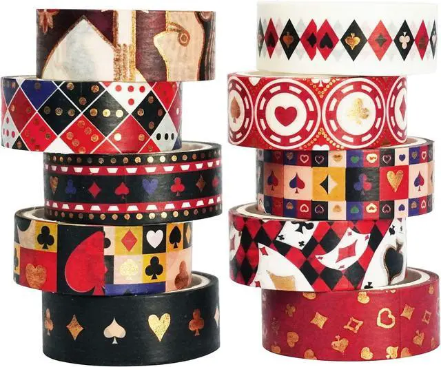 Main image of Poker Washi Tape Set 10 Rolls Playing Cards Patterns Gold Decorative Tapes for Journals, Planners, Scrapbooking, Gift Wrapping, DIY Crafts (Poker)