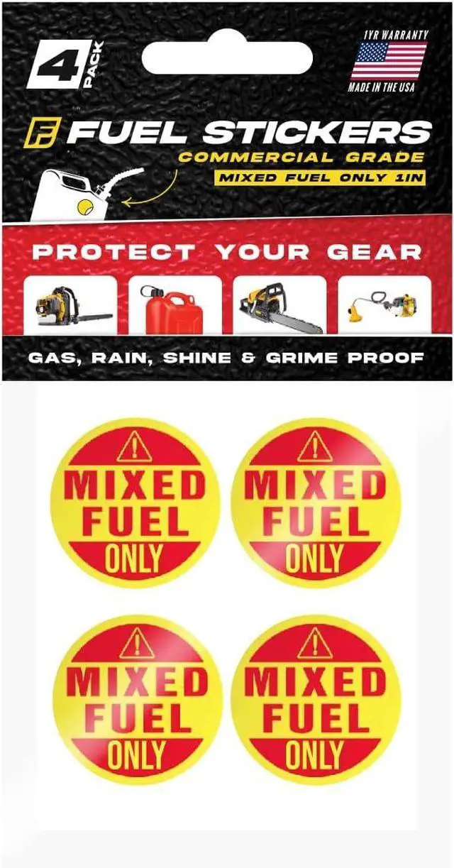 Main image of Mixed Fuel Only Sticker, 2 Cycle Labels for Outdoor Fuel Power Equipment - Weather Proof, Extreme Stick, Commercial Grade Labels by Fuel Stickers - USA Made (1" Round), 4 Pack
