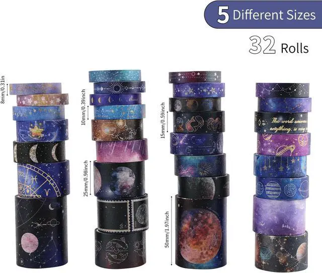 Alt view image 2 of 7 - 32 Rolls Washi Tape Set, Gold Foil Galaxy Decorative Masking Tape Constellation, Stars, Celestial, Adhesive Tape for Bullet Journal, Diy Craft, Scrapbooking Supplies, Gift Wrapping, Party Decoration