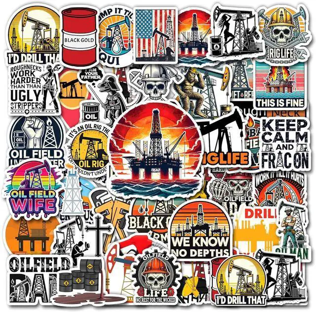 Main image of 50 Pcs Oilfield Vinyl Sticker Waterproof Hard Hat Decals Oil Rig Stickers Water Bottle Skateboard Helmet Guitar Luggage Bike Toolbox Car Gifts for Adults Men Dad Refinery Worker