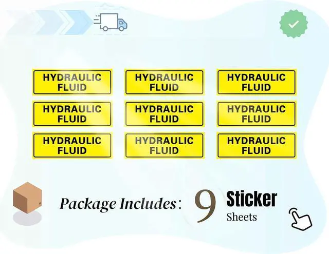 Alt view image 3 of 6 - 9-Pack Hydraulic Fluid Stickers, 6x2 Inch Waterproof Decal, Strong Adhesion, UV-Resistant & Scratch-Proof for Fuel Tanks, Cans & Outdoor Power Equipment