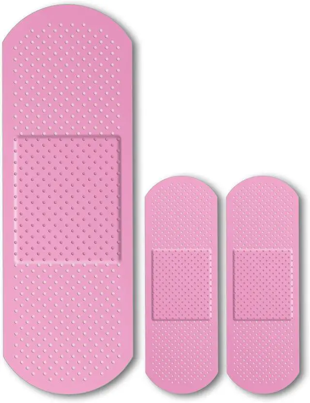 Main image of Bandage Band Aid Decal Sticker (3 Pack) 1-9 x 3 Inch and 2-5 x 1.67 Inch - Perfect Funny Coverup for Any Ouchy, Boo-Boo or Blimish (Pink)