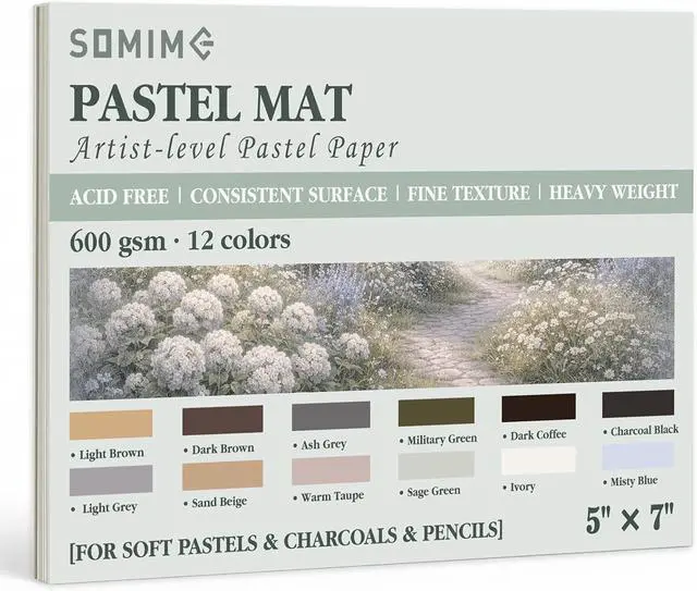 Main image of Somime 5x7 Sanded Pastel Paper Pad, 600gsm 12 Sheets of 12 Mixed Colors | Heavyweight Artist Drawing Paper Pad for Pencils and Soft Oil Charcoal Pastels