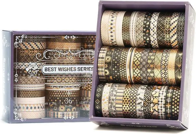 Main image of 36 Rolls Skinny Washi Tape Set Gold Foil Detailing Arts Adhesive Tapes Basic Patterns Decorative Masking Tape Sets for Craft, Kids, Scrapbook, DIY, Gift Wrapping (Black & Gold)
