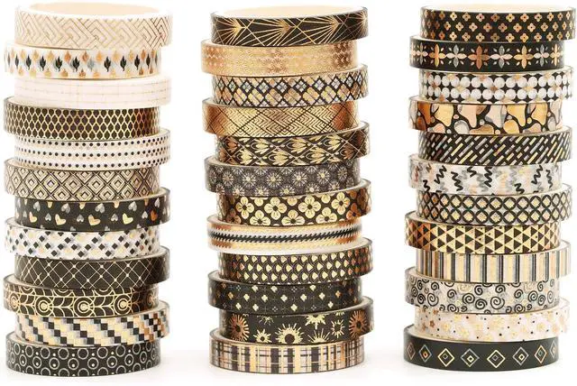 Alt view image 2 of 7 - 36 Rolls Skinny Washi Tape Set Gold Foil Detailing Arts Adhesive Tapes Basic Patterns Decorative Masking Tape Sets for Craft, Kids, Scrapbook, DIY, Gift Wrapping (Black & Gold)