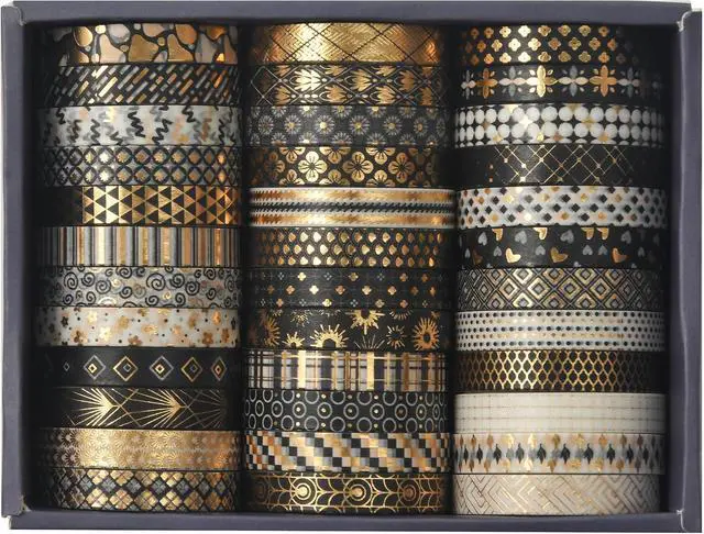 Alt view image 3 of 7 - 36 Rolls Skinny Washi Tape Set Gold Foil Detailing Arts Adhesive Tapes Basic Patterns Decorative Masking Tape Sets for Craft, Kids, Scrapbook, DIY, Gift Wrapping (Black & Gold)