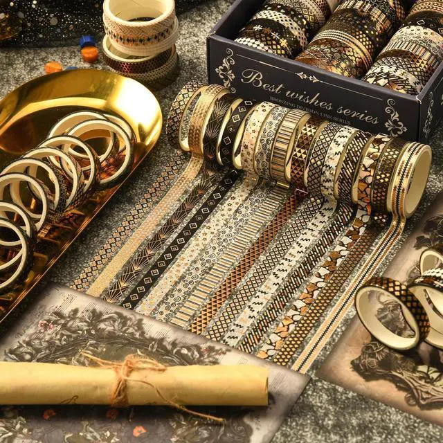 Alt view image 4 of 7 - 36 Rolls Skinny Washi Tape Set Gold Foil Detailing Arts Adhesive Tapes Basic Patterns Decorative Masking Tape Sets for Craft, Kids, Scrapbook, DIY, Gift Wrapping (Black & Gold)