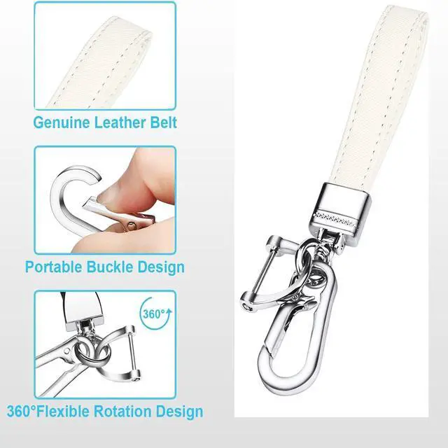 Alt view image 3 of 6 - QBUC Genuine Leather Car Keychain,Universal Heavy Duty Metal Key Chain Accessories,Car Fob Key Keychain Holder with 360 Degree Rotatable Snap Swivel and Anti-Lost D-Ring for Men Women(White)