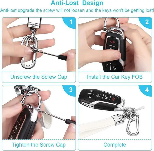 Alt view image 4 of 6 - QBUC Genuine Leather Car Keychain,Universal Heavy Duty Metal Key Chain Accessories,Car Fob Key Keychain Holder with 360 Degree Rotatable Snap Swivel and Anti-Lost D-Ring for Men Women(White)