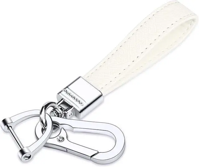 Main image of QBUC Genuine Leather Car Keychain,Universal Heavy Duty Metal Key Chain Accessories,Car Fob Key Keychain Holder with 360 Degree Rotatable Snap Swivel and Anti-Lost D-Ring for Men Women(White)