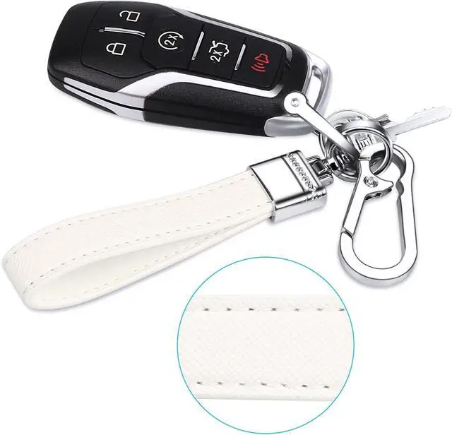 Alt view image 5 of 6 - QBUC Genuine Leather Car Keychain,Universal Heavy Duty Metal Key Chain Accessories,Car Fob Key Keychain Holder with 360 Degree Rotatable Snap Swivel and Anti-Lost D-Ring for Men Women(White)