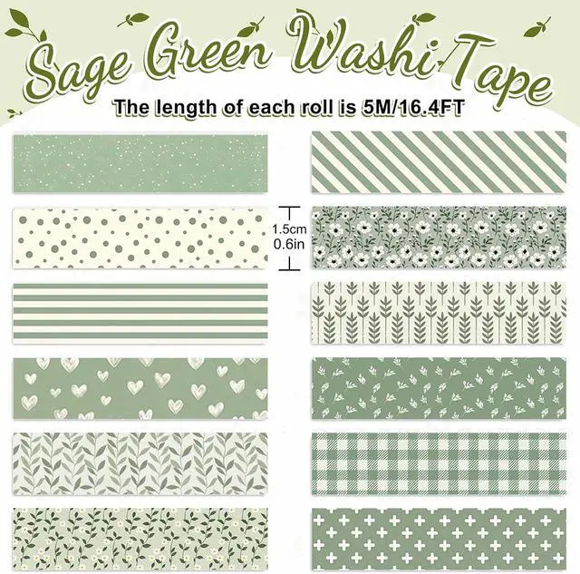 Alt view image 2 of 7 - Whaline 12 Rolls Sage Green Floral Washi Tape Masking Tape Set Flower Leaves Plaid Striped Decorative Wrapping Paper Tapes Boxed for Wedding Scrapbook Journal DIY Crafts
