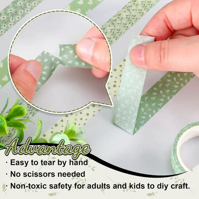 Alt view image 3 of 7 - Whaline 12 Rolls Sage Green Floral Washi Tape Masking Tape Set Flower Leaves Plaid Striped Decorative Wrapping Paper Tapes Boxed for Wedding Scrapbook Journal DIY Crafts