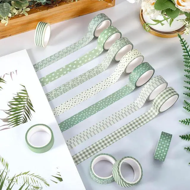 Alt view image 4 of 7 - Whaline 12 Rolls Sage Green Floral Washi Tape Masking Tape Set Flower Leaves Plaid Striped Decorative Wrapping Paper Tapes Boxed for Wedding Scrapbook Journal DIY Crafts