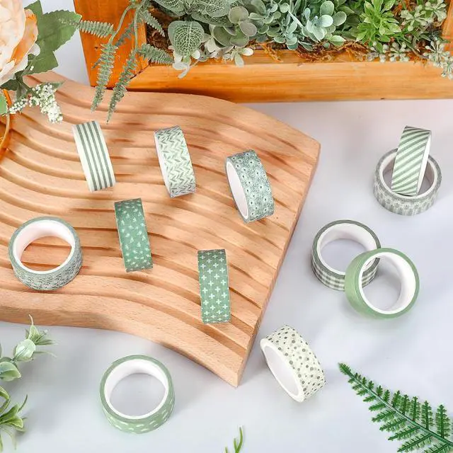 Alt view image 5 of 7 - Whaline 12 Rolls Sage Green Floral Washi Tape Masking Tape Set Flower Leaves Plaid Striped Decorative Wrapping Paper Tapes Boxed for Wedding Scrapbook Journal DIY Crafts