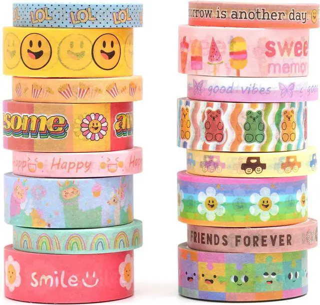 Main image of Cute Cartoon Washi Tape Set 16 Rolls Bright Colors Kawaii Masking Graphic Decorative Tapes for Arts, DIY Crafts, Journals, Planners, Scrapbook, Wrapping