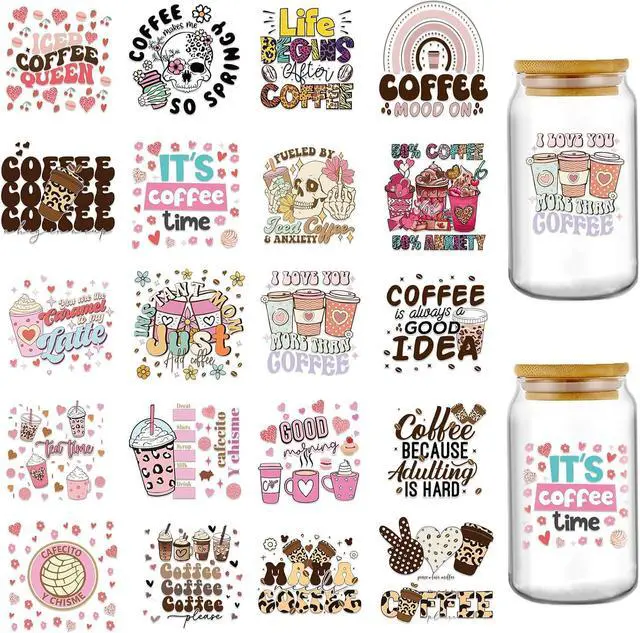 Main image of Funny Coffee UV DTF Decals - 20 Sheets I Love You More Than Coffee Fun Uvdtf Cup Wraps for 16 oz Glass Water Bottle, Milk Tea Ice Cream Flower Transfer Stickers DIY Mug Craft Decals Decor Gift for Mom